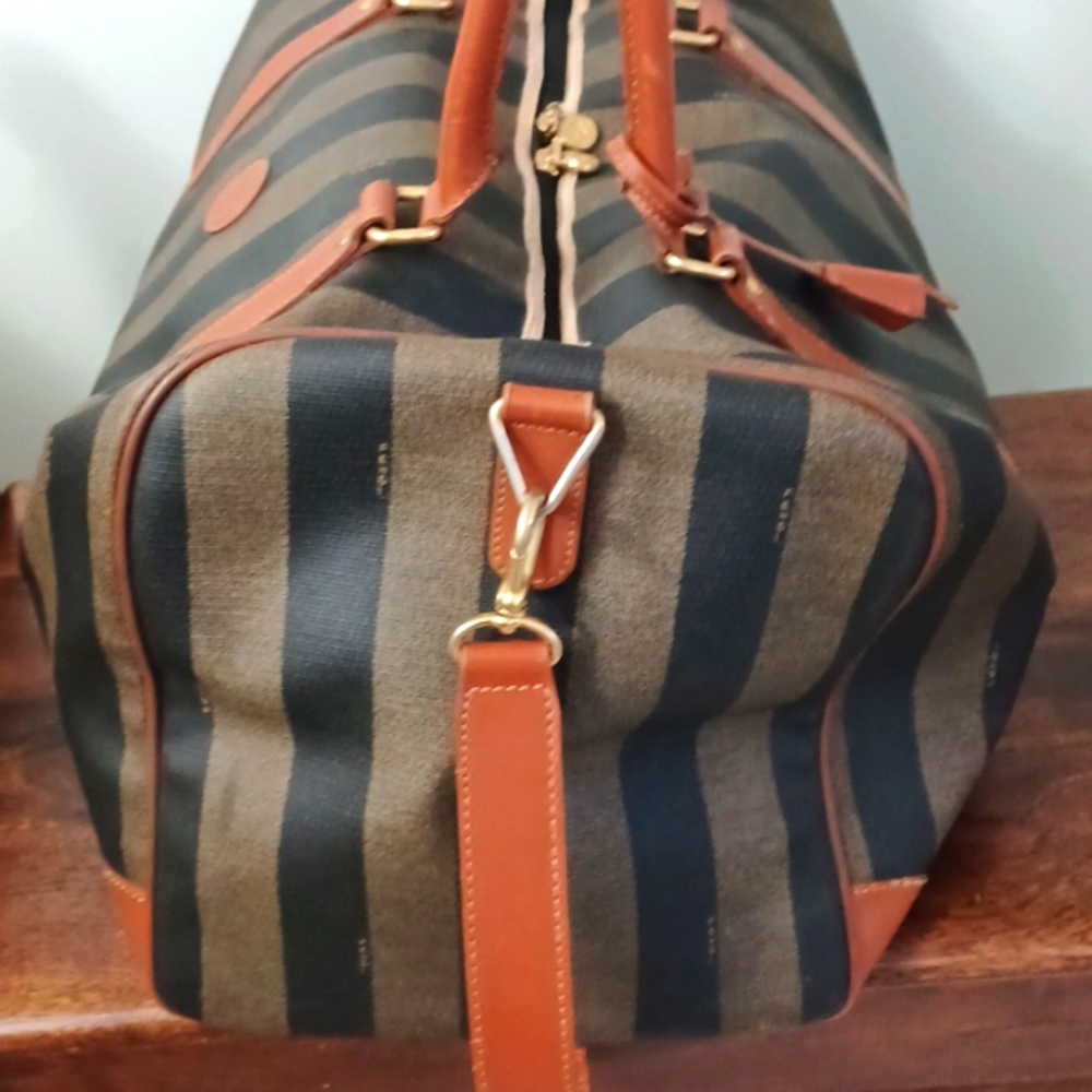 Vintage *RARE* Fendi Pequin Stripe & Cognac Duffle/Weekender Bag (Large 50cm) - Picture 4 of 10